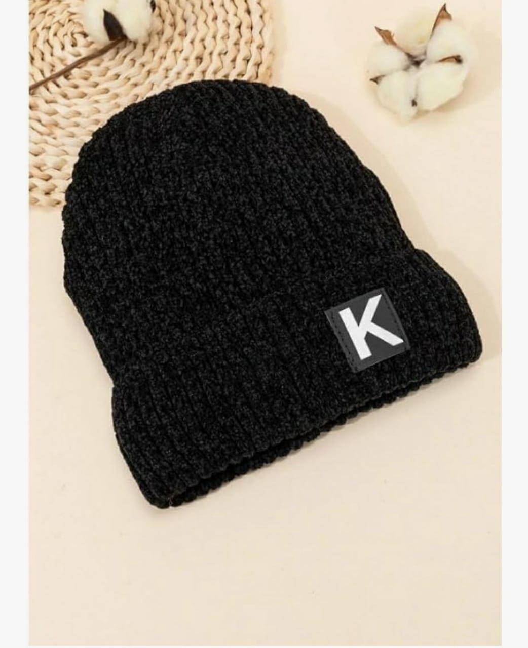 Stylish Ribbed Beanie Hat - Two-Tone Brown/Black with "K" Patch - Image 4
