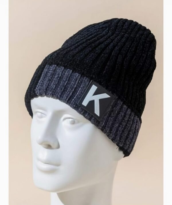 Stylish Ribbed Beanie Hat - Two-Tone Brown/Black with "K" Patch - Image 5