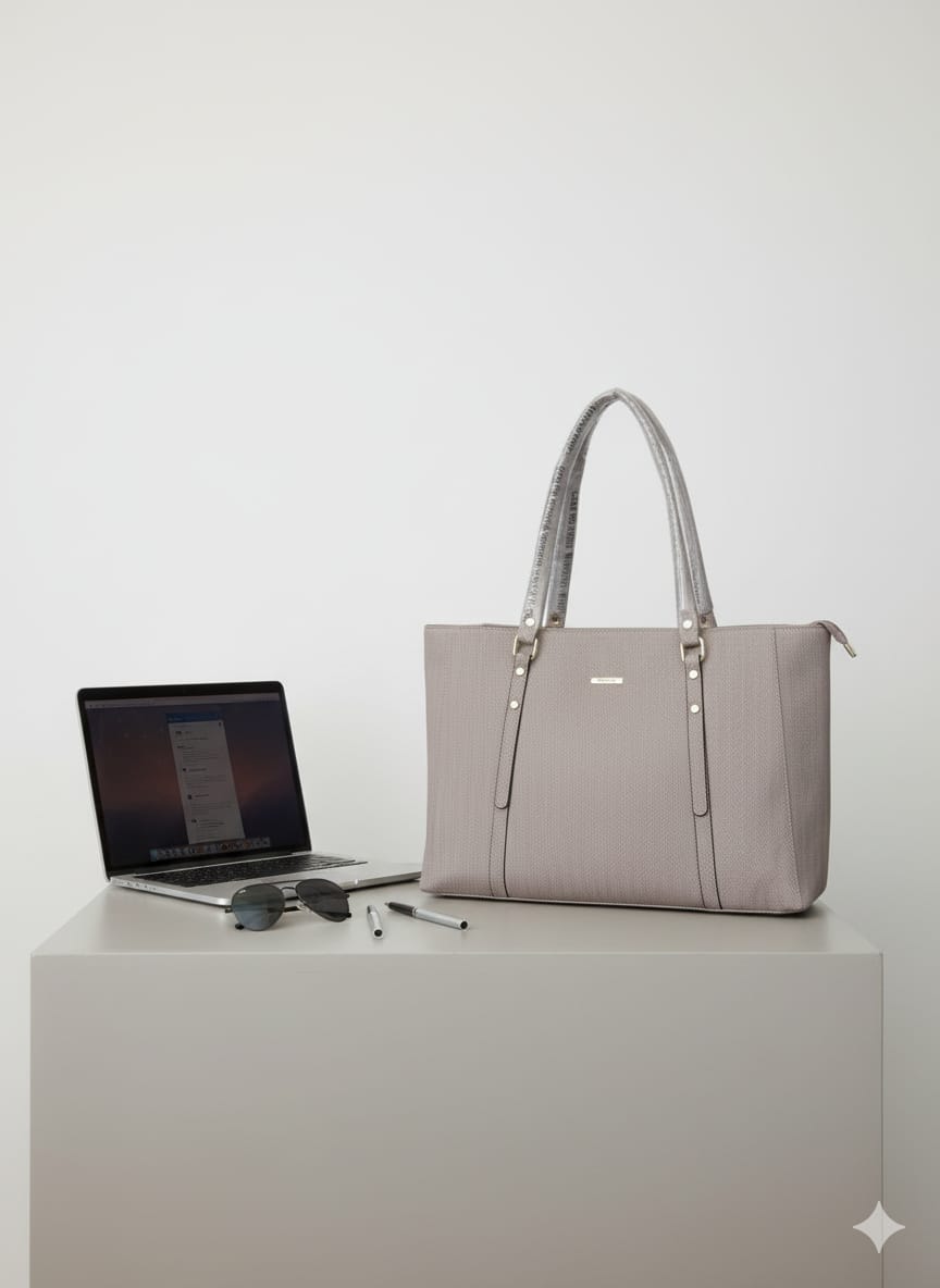 Sophisticated Herringbone-Texture Tote Bag with Inspirational Handles - Chic Taupe