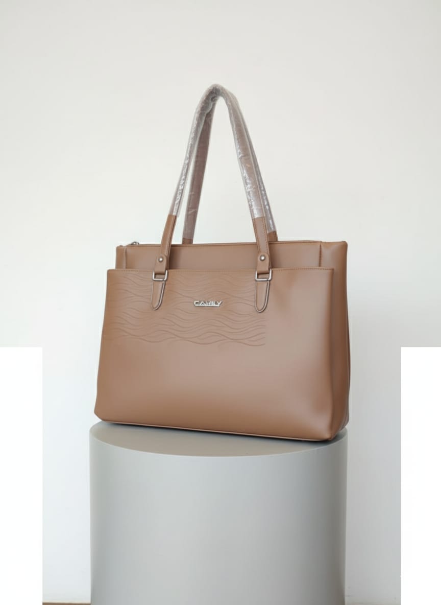 Classic & Functional Faux Leather Work Tote Bag - Camel Tan