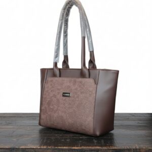 Elegant Floral Embossed Faux Leather Tote Bag - Rich Chocolate Brown