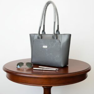 Elegant Floral Embossed Faux Leather Tote Bag - Charcoal Grey