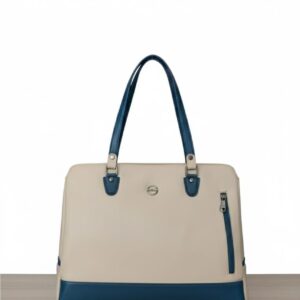 Striking Two-Tone Faux Leather Tote Bag - Cream & Teal Sophistication