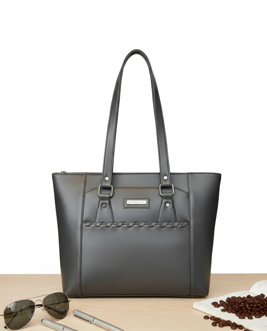 Elegant Braided-Detail Faux Leather Tote Bag - Chic Greige